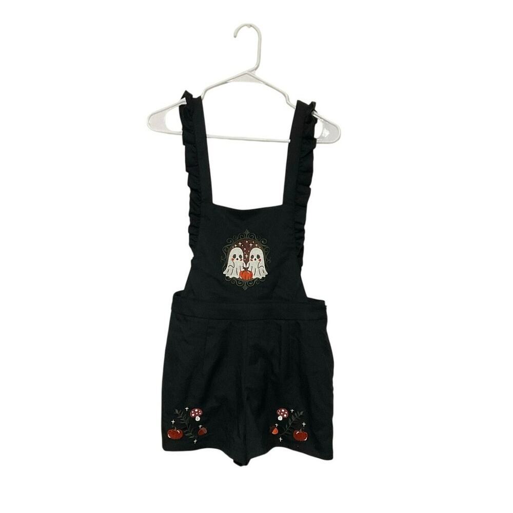 Hot Topic Ghost Mushroom Embroidered Shortalls Overalls Ruffle Trim Size Small